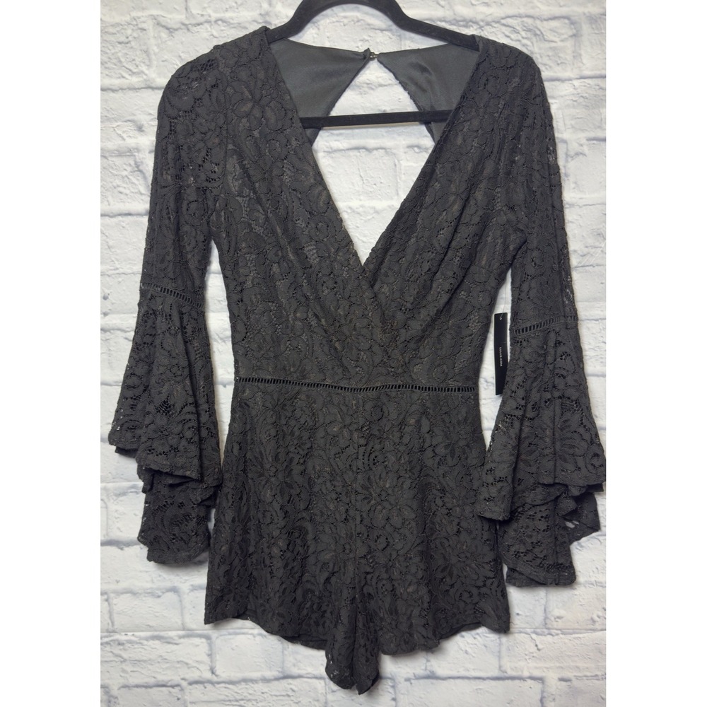 Lulus Black Lace Romper SMALL Ruffled Bell Sleeve Cutout Back Romantic Whimsgoth